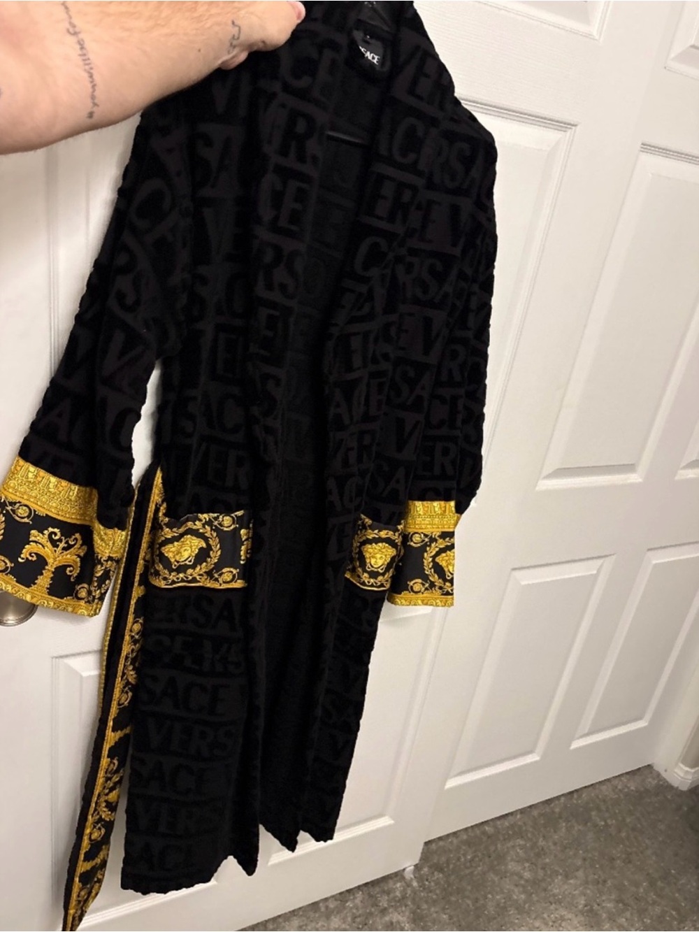 Versace Black Robe Coat with Gold Baroque Trim
